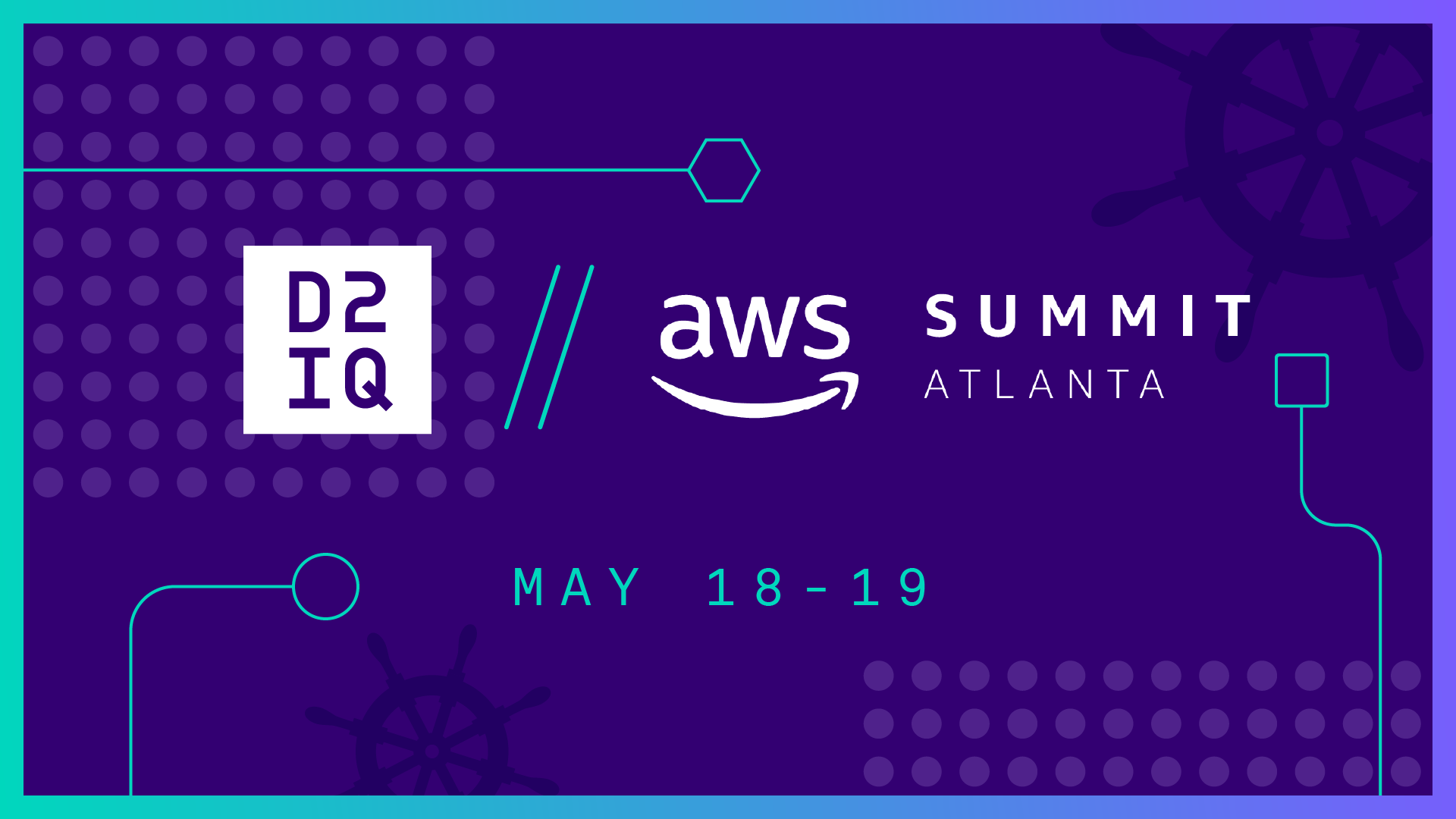 D2iQ and AWS Summit Atlanta logos on a textured purple background. Dates: May 18-19